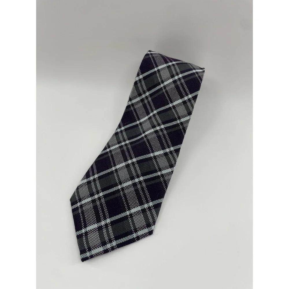 Penguin Black Purple Plaid Tie Silk Wool Blend Narrow Skinny Necktie Vtg 2.75